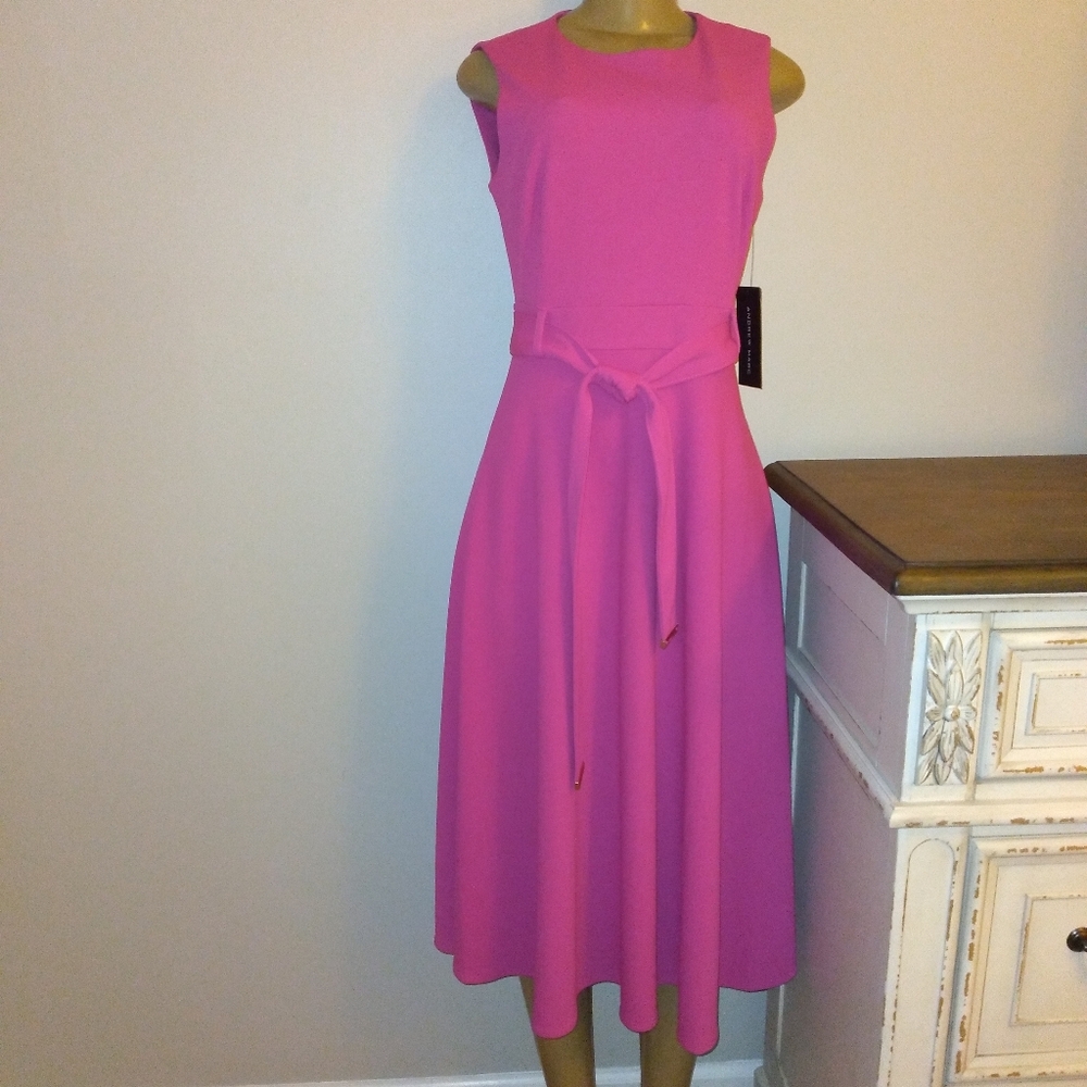 Andrew Marc sleeveless Midi Tie waist dress size 6 in hot pink.